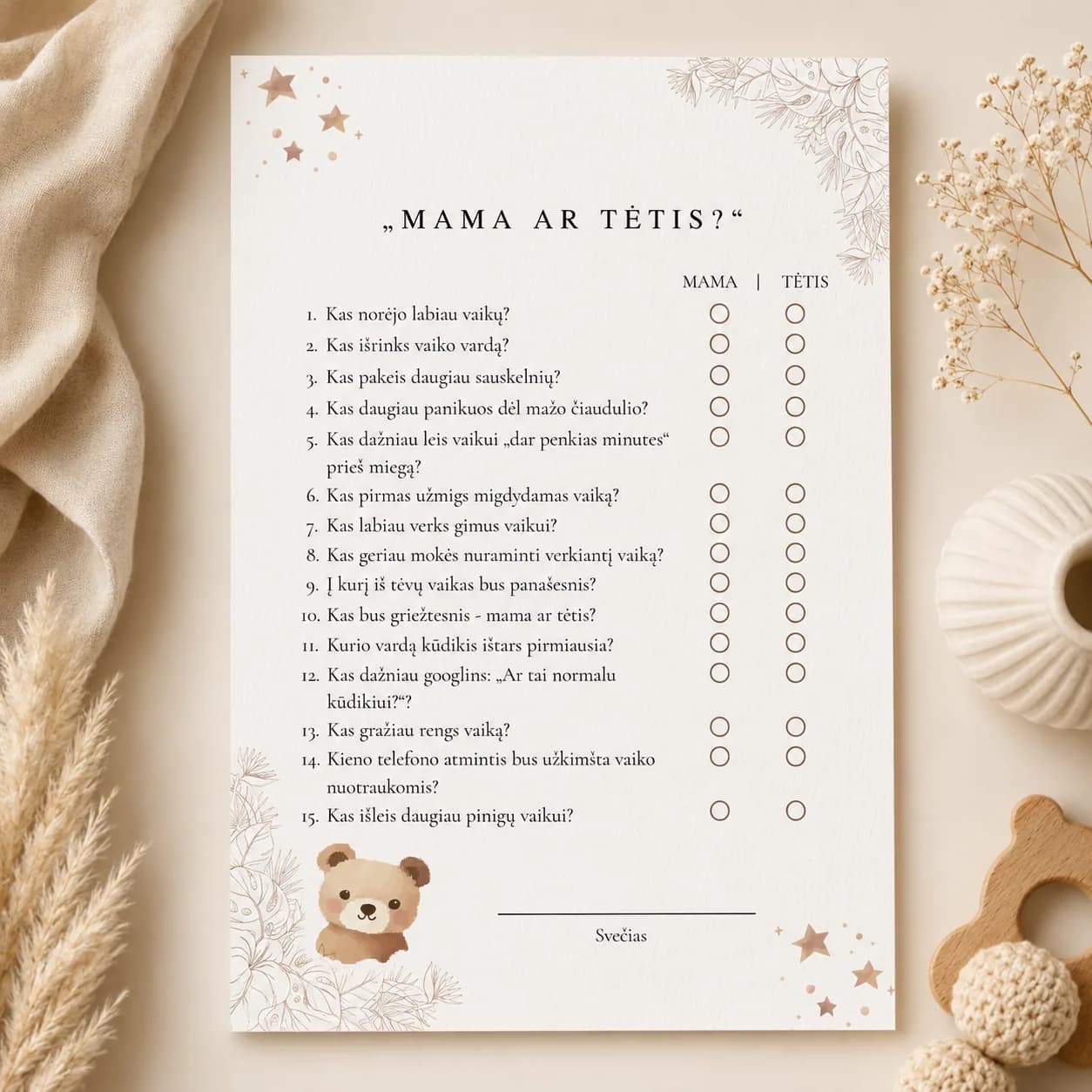 „Mama ar tėtis?“ | Baby Shower žaidimas | PDF | Meškučių tema