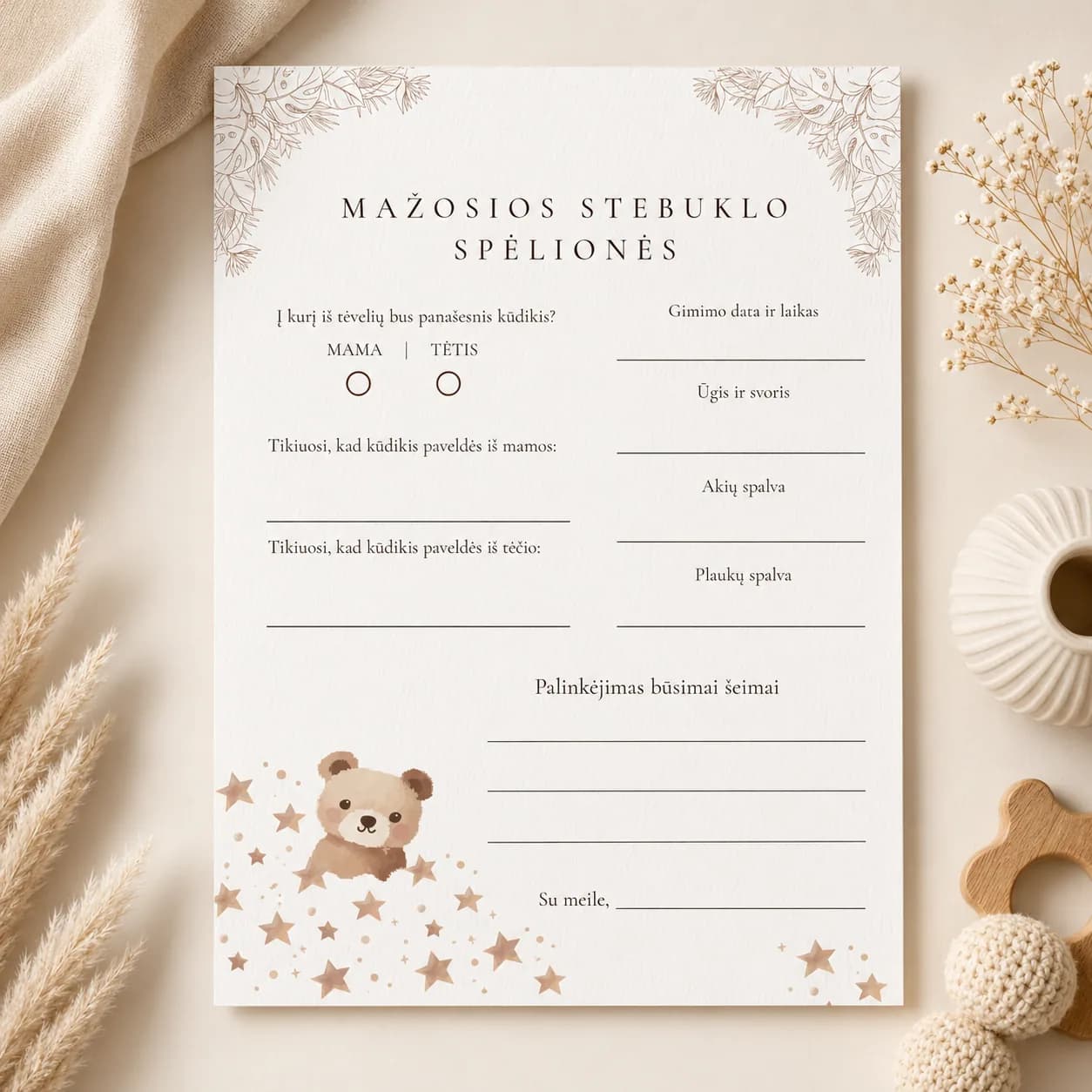 „Mažosios stebuklo spėlionės“ | Baby Shower spėlionių kortelė | PDF | Meškučių tema