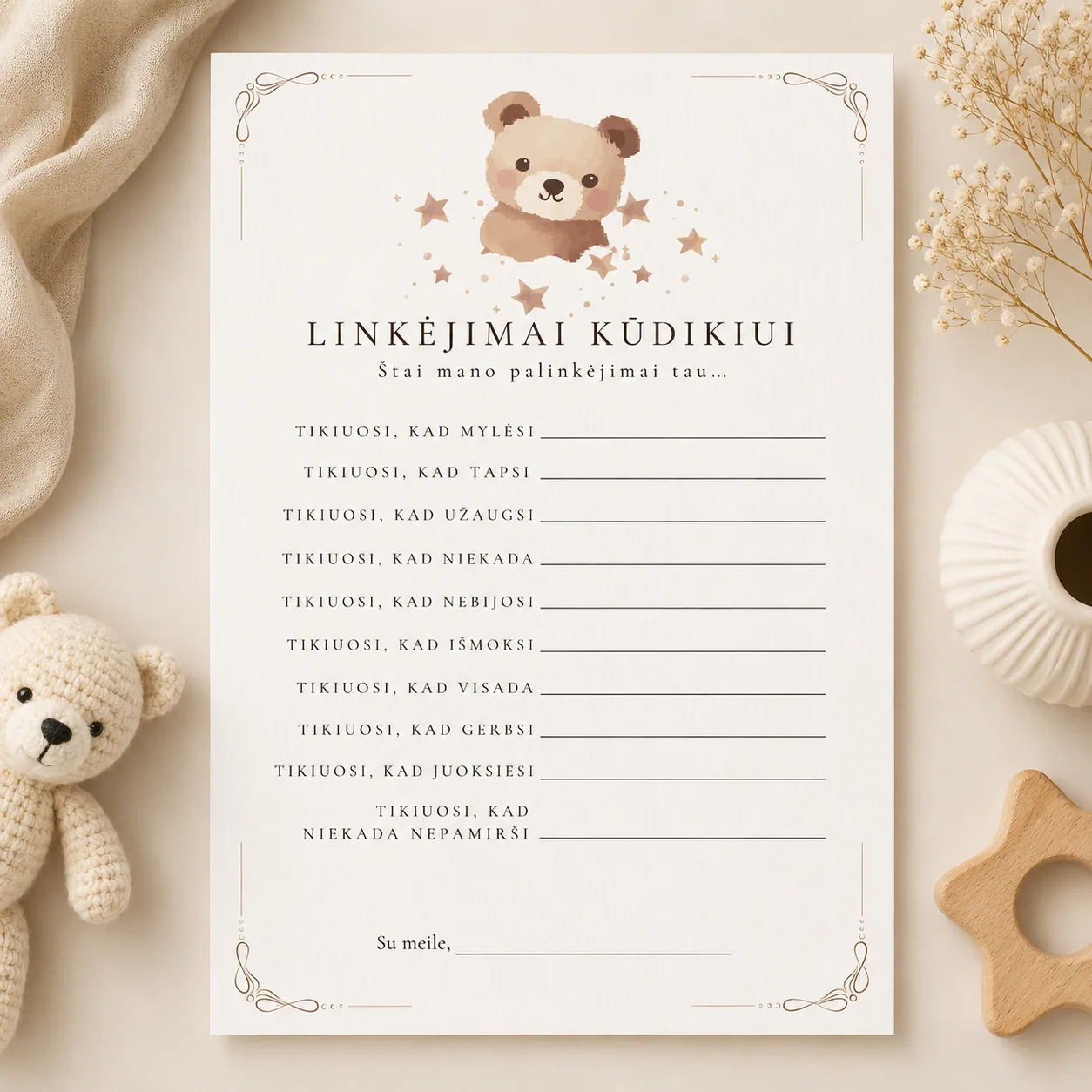 „Linkėjimai kūdikiui“ | Baby Shower palinkėjimų kortelė | PDF | Meškučių tema