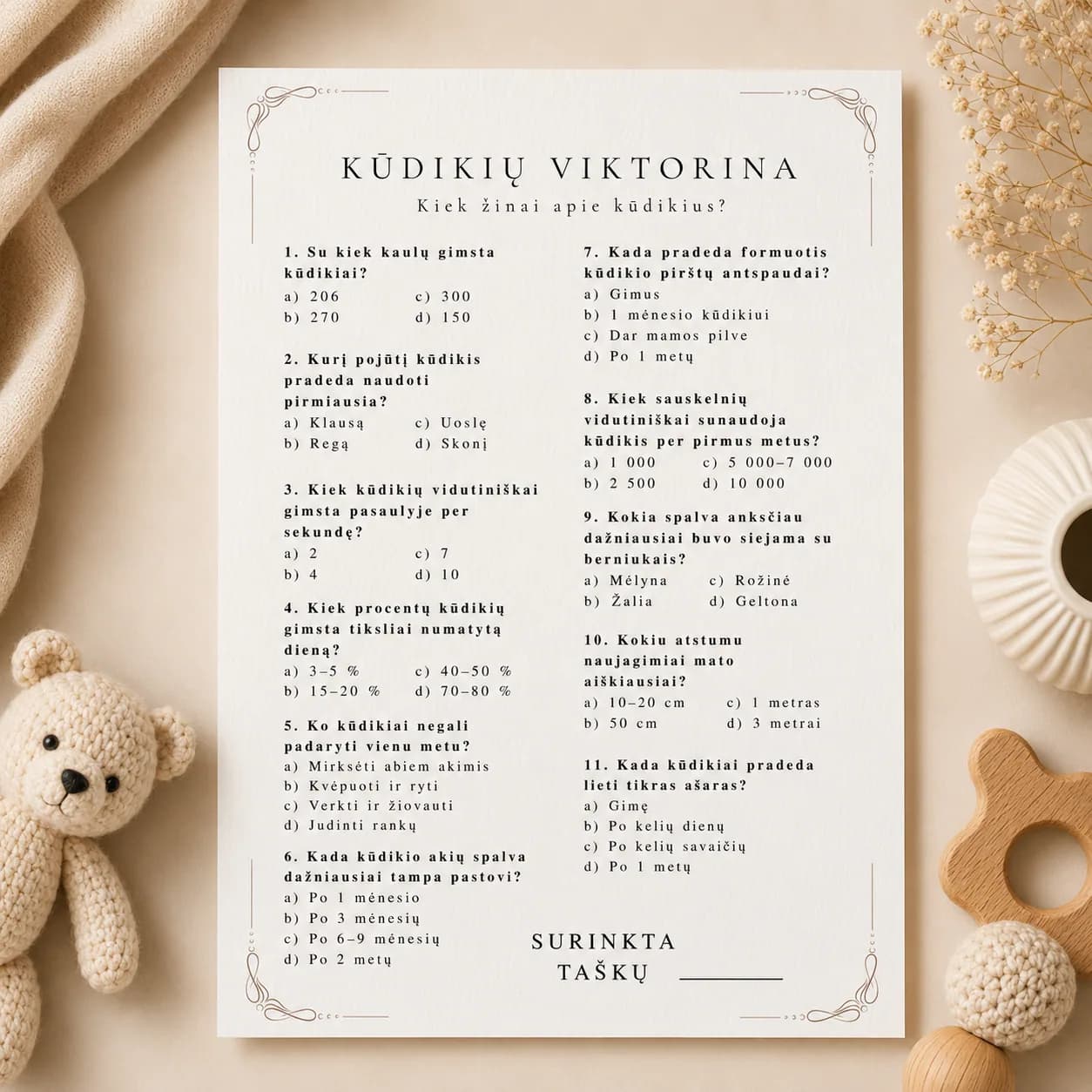 „Kūdikių viktorina“ | Baby Shower žaidimas | PDF | Meškučių tema