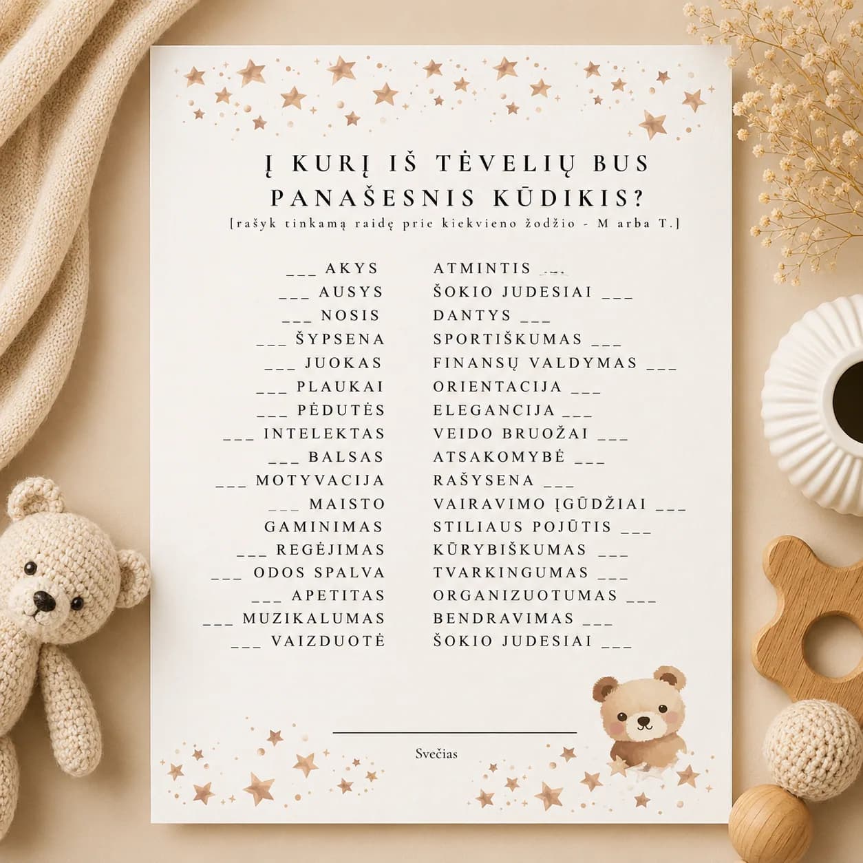 „Į kurį iš tėvelių bus panašesnis kūdikis?“ | Baby Shower spėlionių kortelė | PDF | Meškučių tema