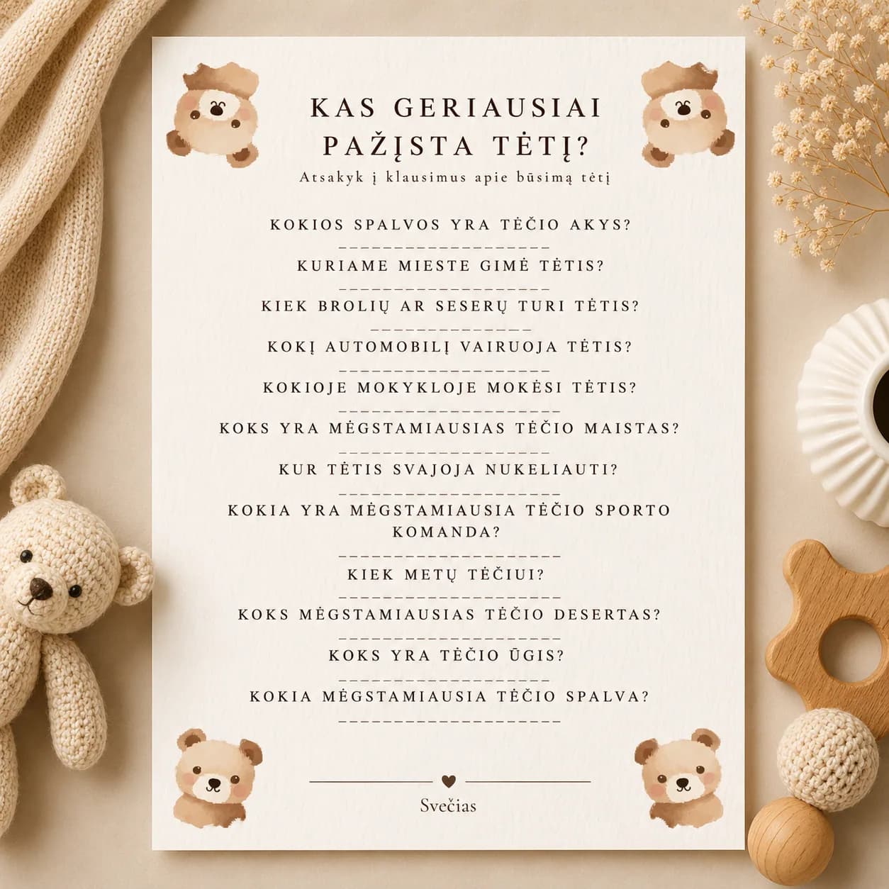 „Kas geriausiai pažįsta tėtį?“ | Baby Shower žaidimas | PDF | Meškučių tema