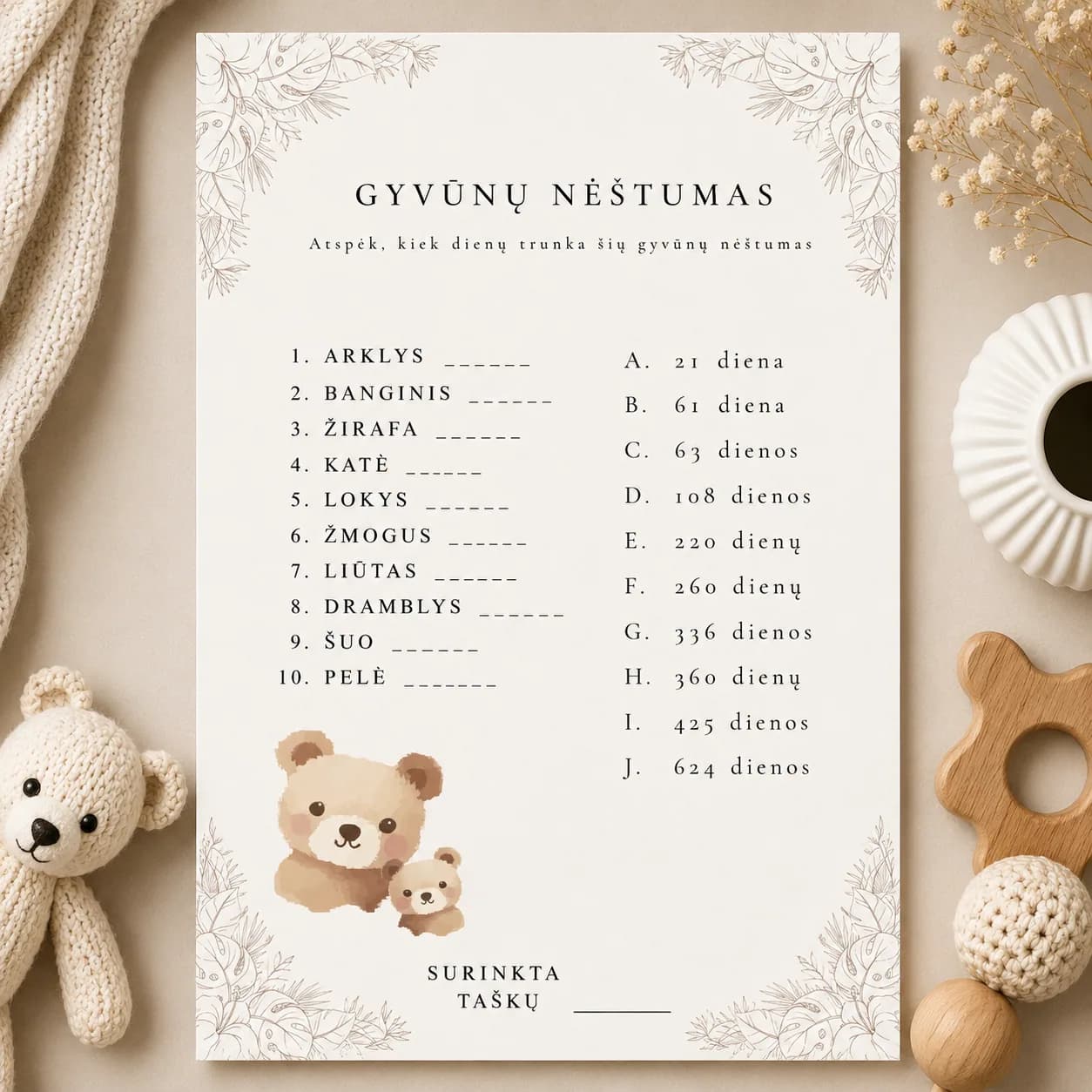„Gyvūnų nėštumas“ | Baby Shower žaidimas | PDF | Meškučių tema