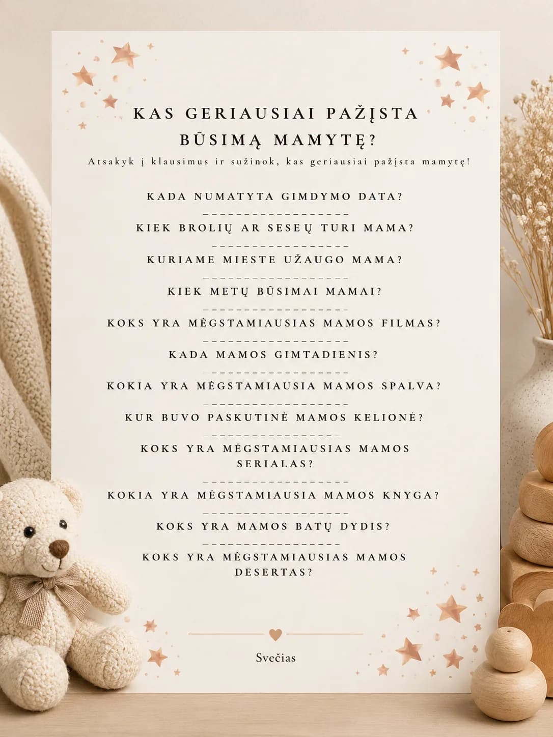 „Kas geriausiai pažįsta būsimą mamytę?“ | Baby Shower žaidimas | PDF | Meškučių tema