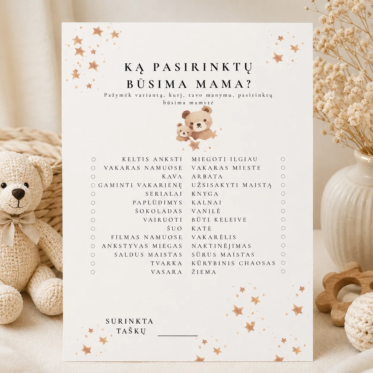 „Ką pasirinktų būsima mama?“ | Baby Shower žaidimas | PDF | Meškučių tema