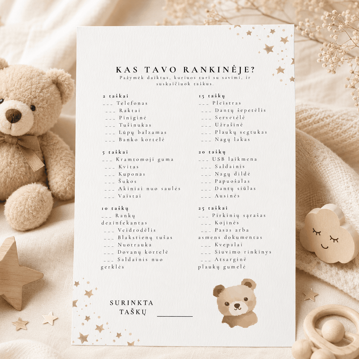 „Kas tavo rankinėje?“ | Baby Shower žaidimas | PDF | Meškučių tema