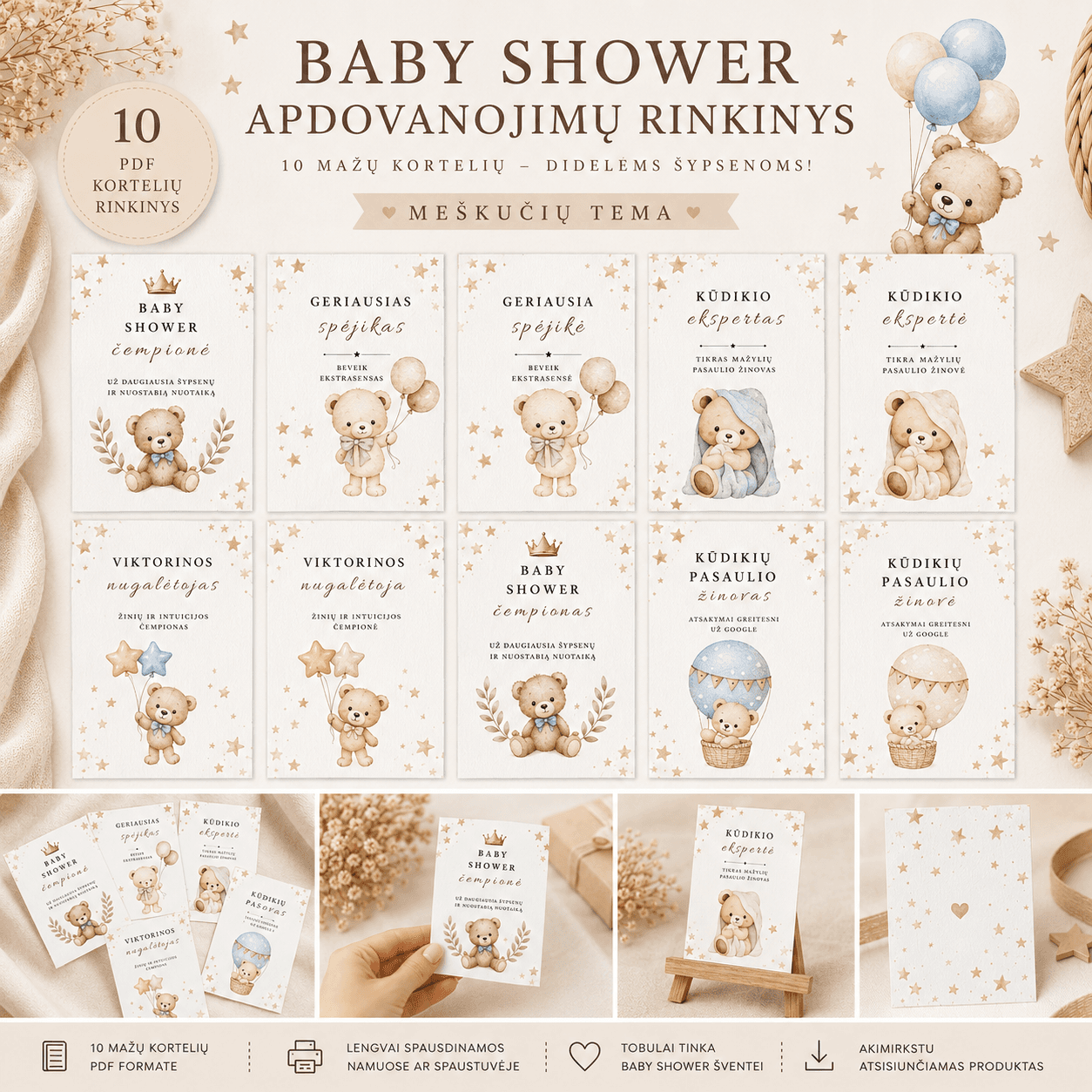 Apdovanojimų kortelės | 10 nominacijų | Baby Shower kortelės | PDF | Meškučių tema