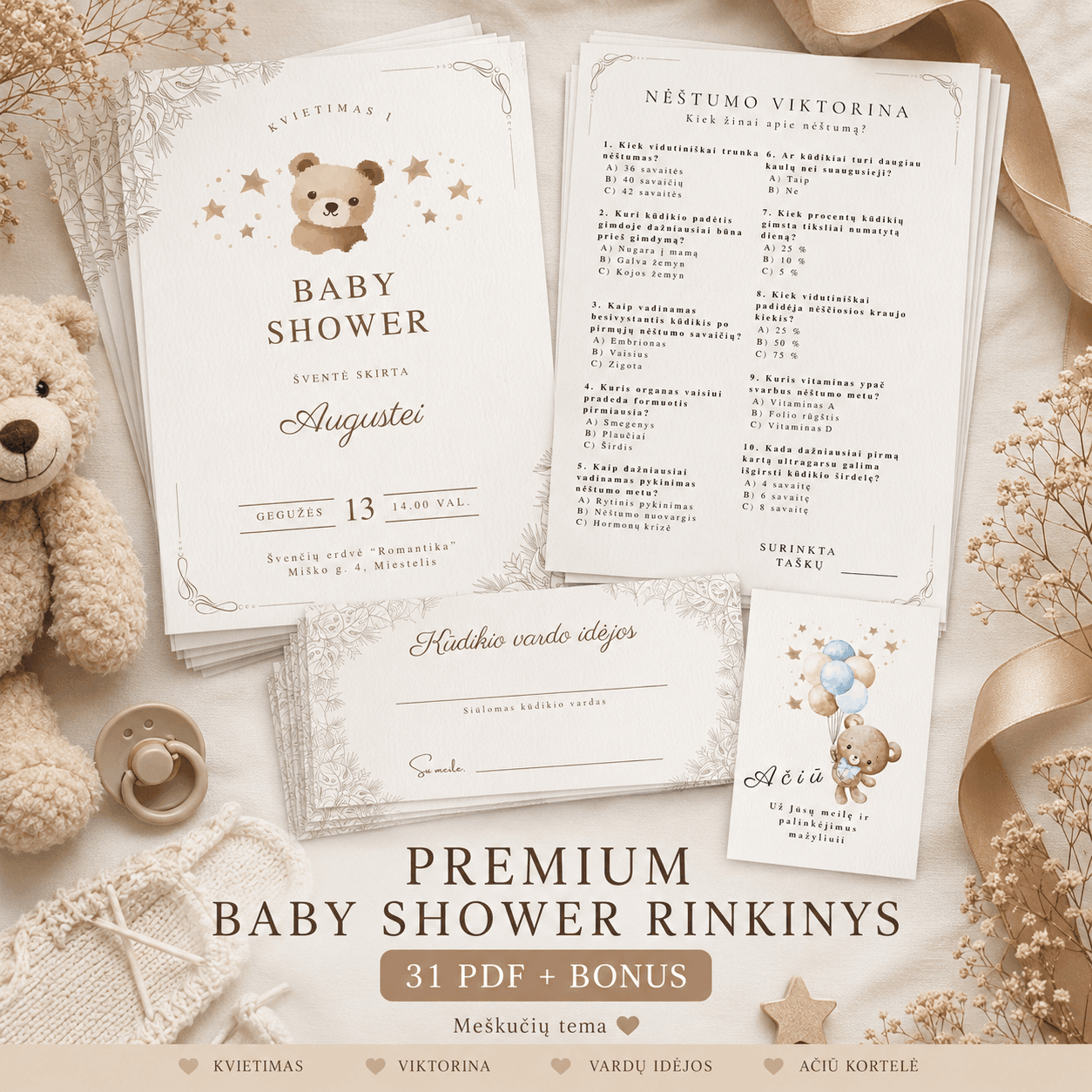 Premium rinkinys | Baby Shower kvietimas, žaidimai ir kortelės | PDF | Meškučių tema
