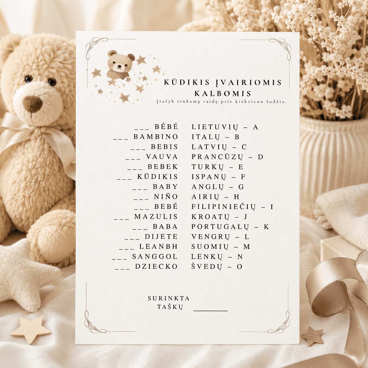 „Kūdikis įvairiomis kalbomis“ | Baby Shower žaidimas | PDF | Meškučių tema