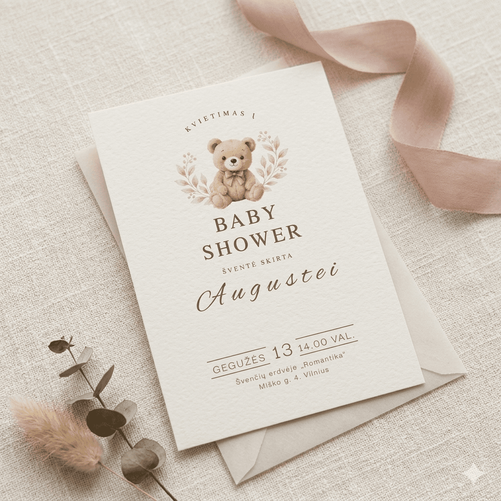 Kvietimas vienpusis | Baby shower kvietimas | Meškučių tema