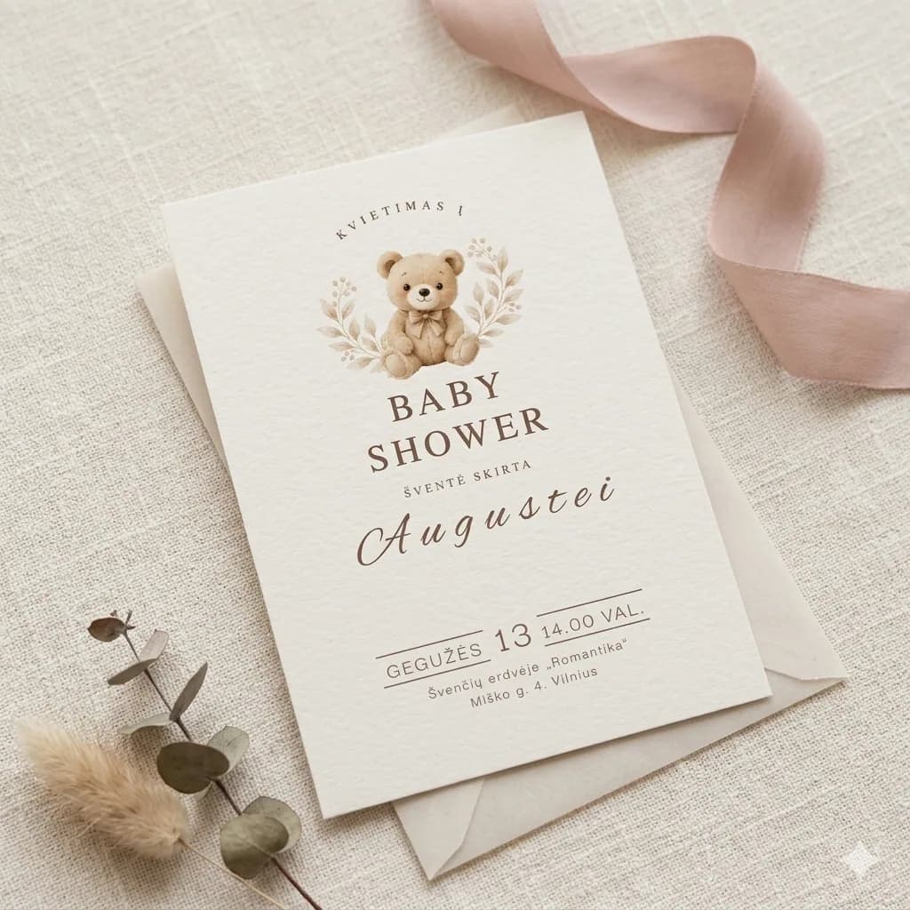 Kvietimas vienpusis | Baby shower kvietimas | Meškučių tema