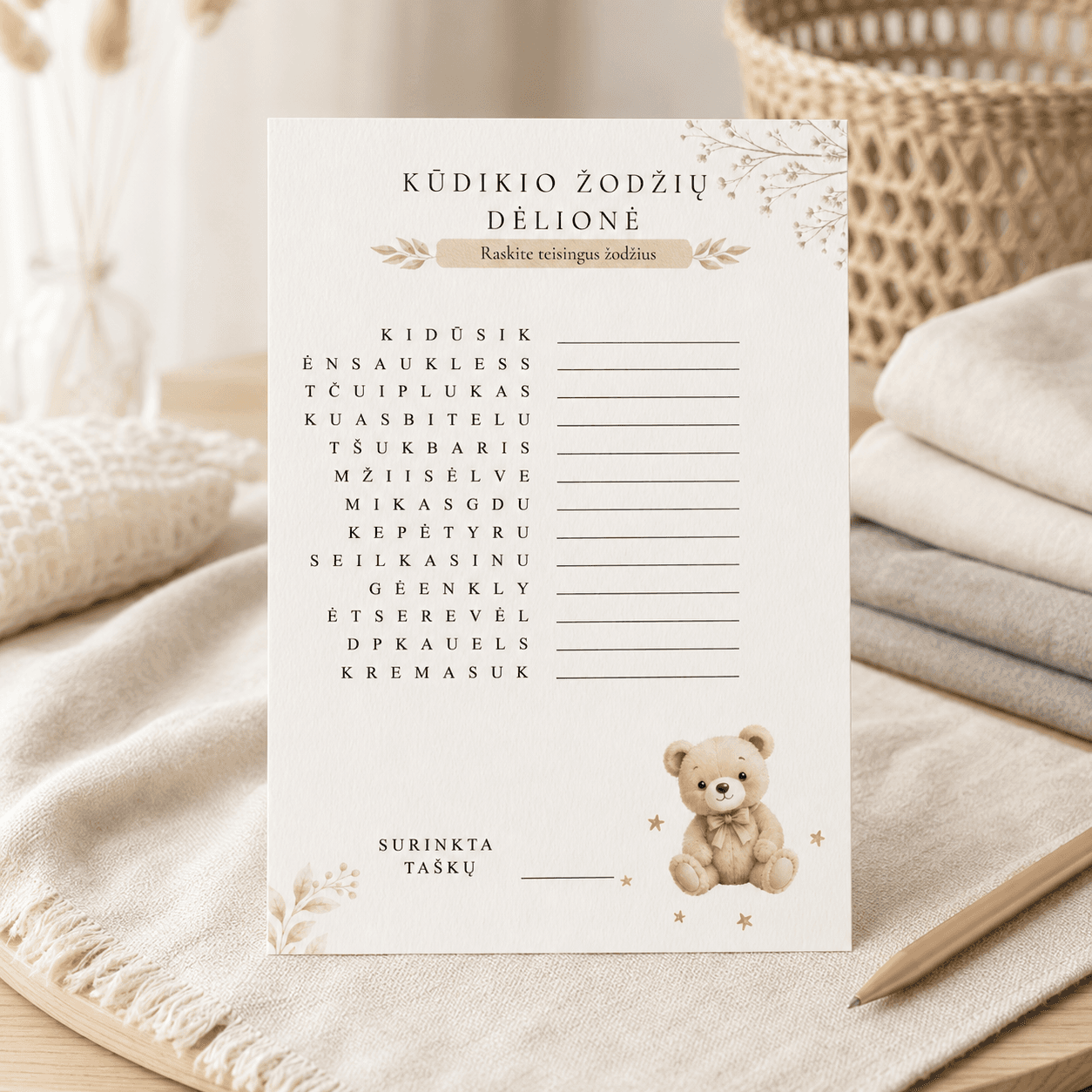 „Kūdikio žodžių dėlionė“ Baby shower žaidimas | Meškučių tema