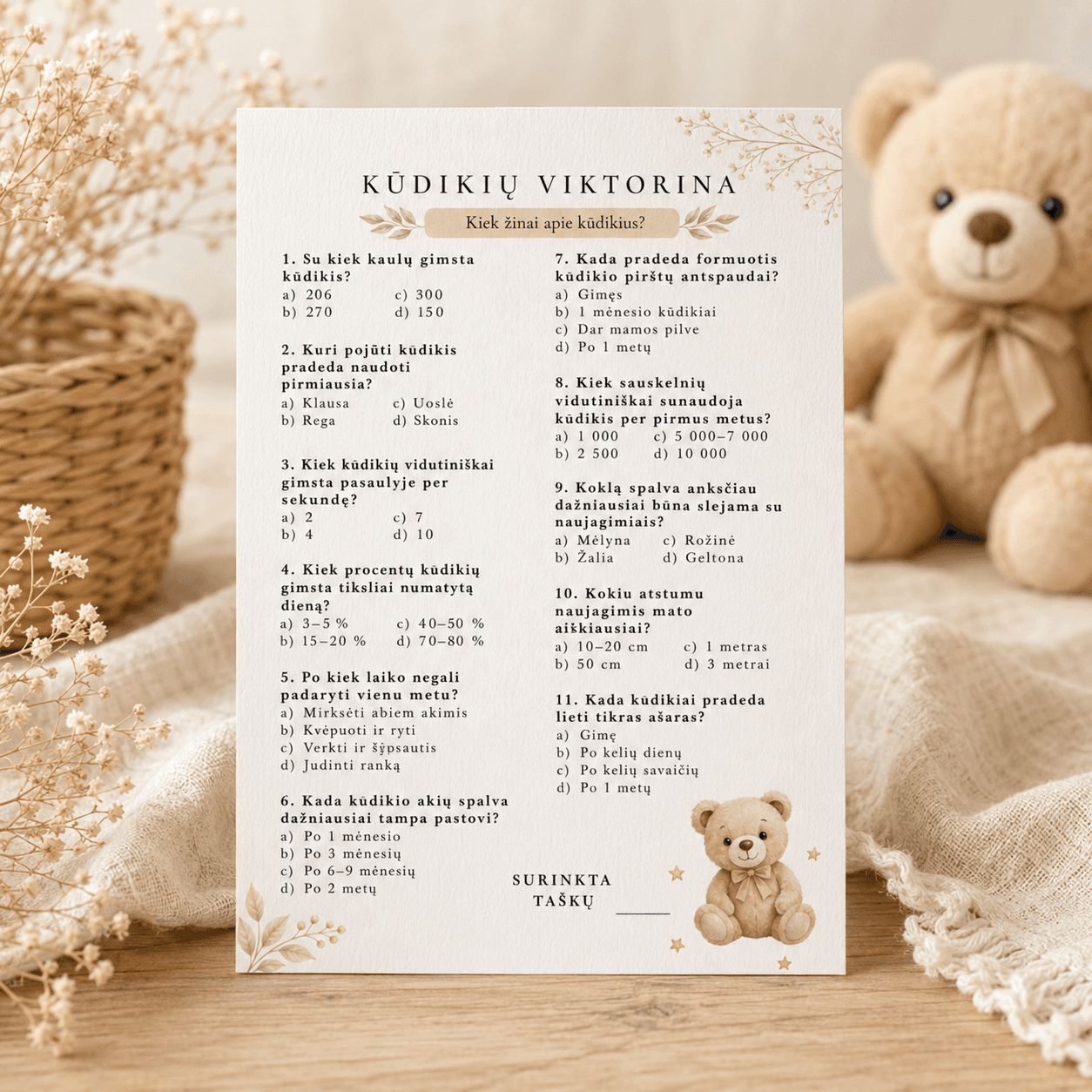 „Kūdikių viktorina“ Baby shower žaidimas | Meškučių tema