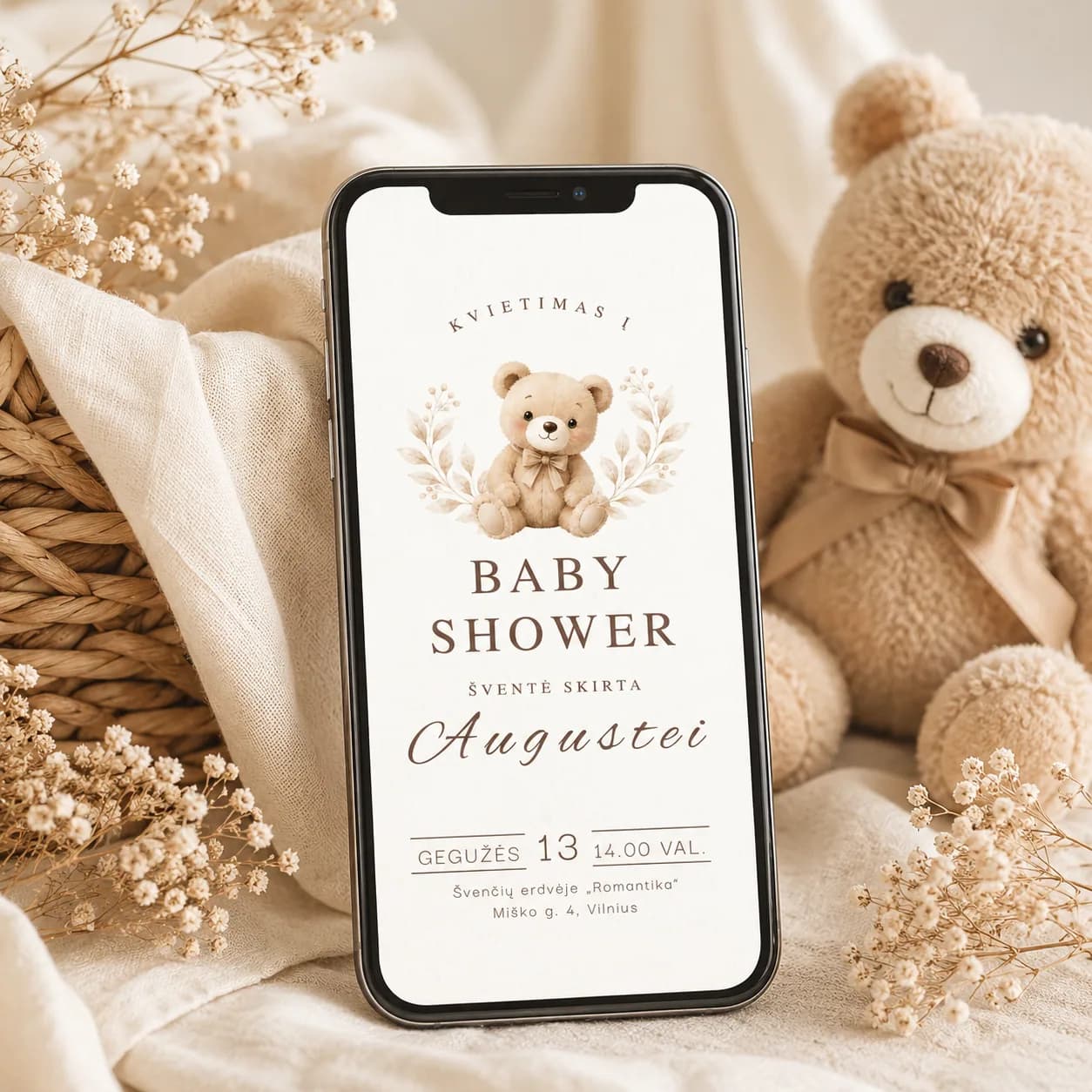 Kvietimas skaitmeninis su realia svečių registracija | Baby shower kvietimas | Meškučių tema