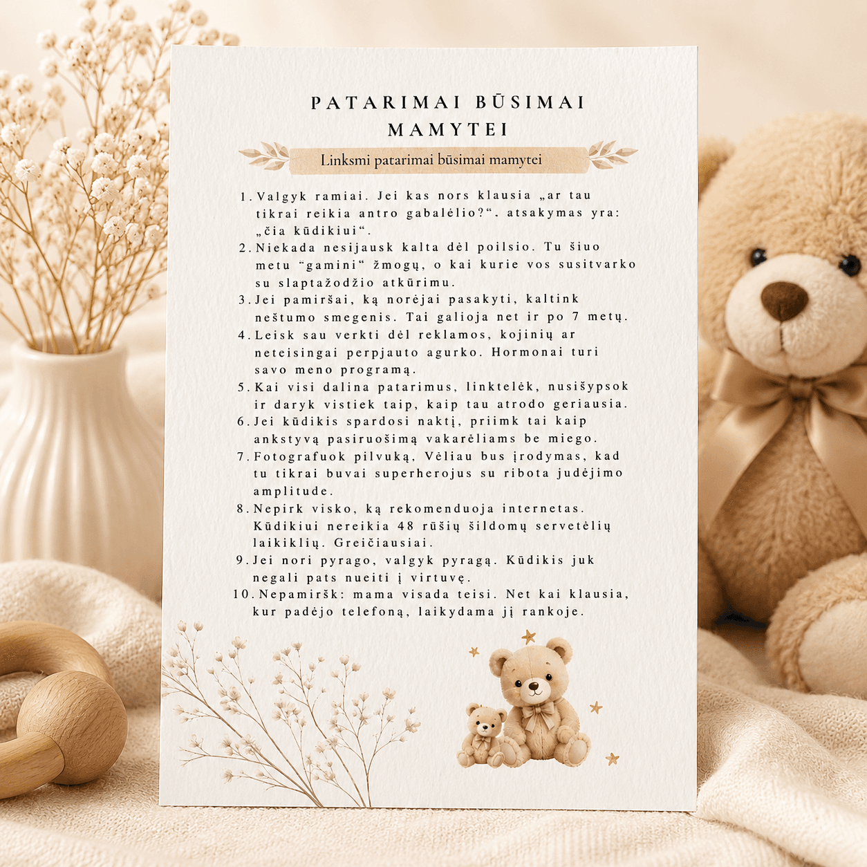 „Patarimai būsimai mamytei“ | Baby shower kortelė | Meškučių tema