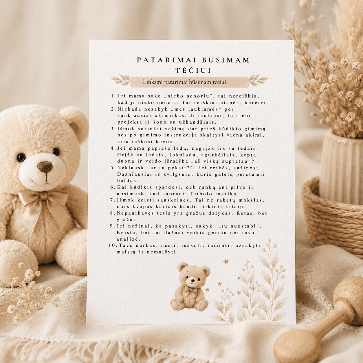 „Patarimai būsimam tėčiui“ | Baby shower kortelė | Meškučių tema