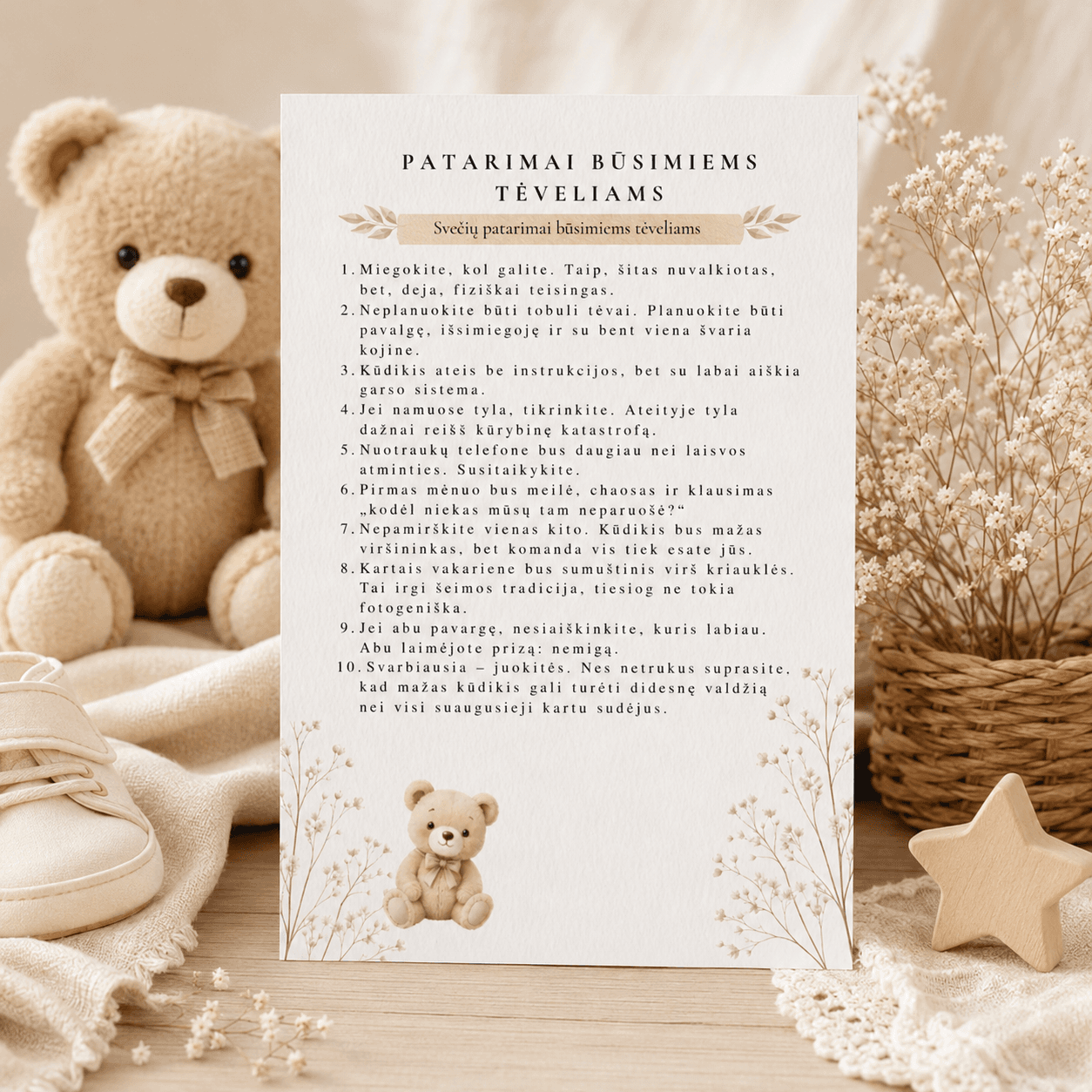 „Linksmi patarimai būsimiems tėveliams“ | Baby shower kortelė | Meškučių tema