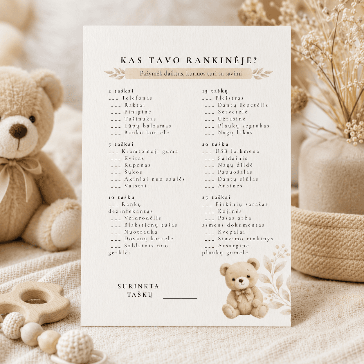 „Kas tavo rankinėje?“ | Baby shower žaidimas | Meškučių tema