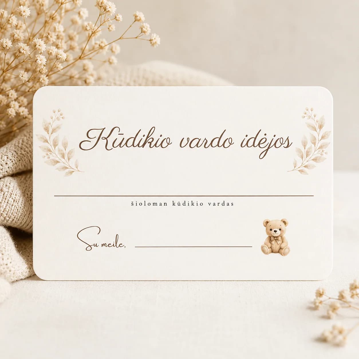„Kūdikio vardo idėjos“ | Baby shower kortelė | Meškučių tema
