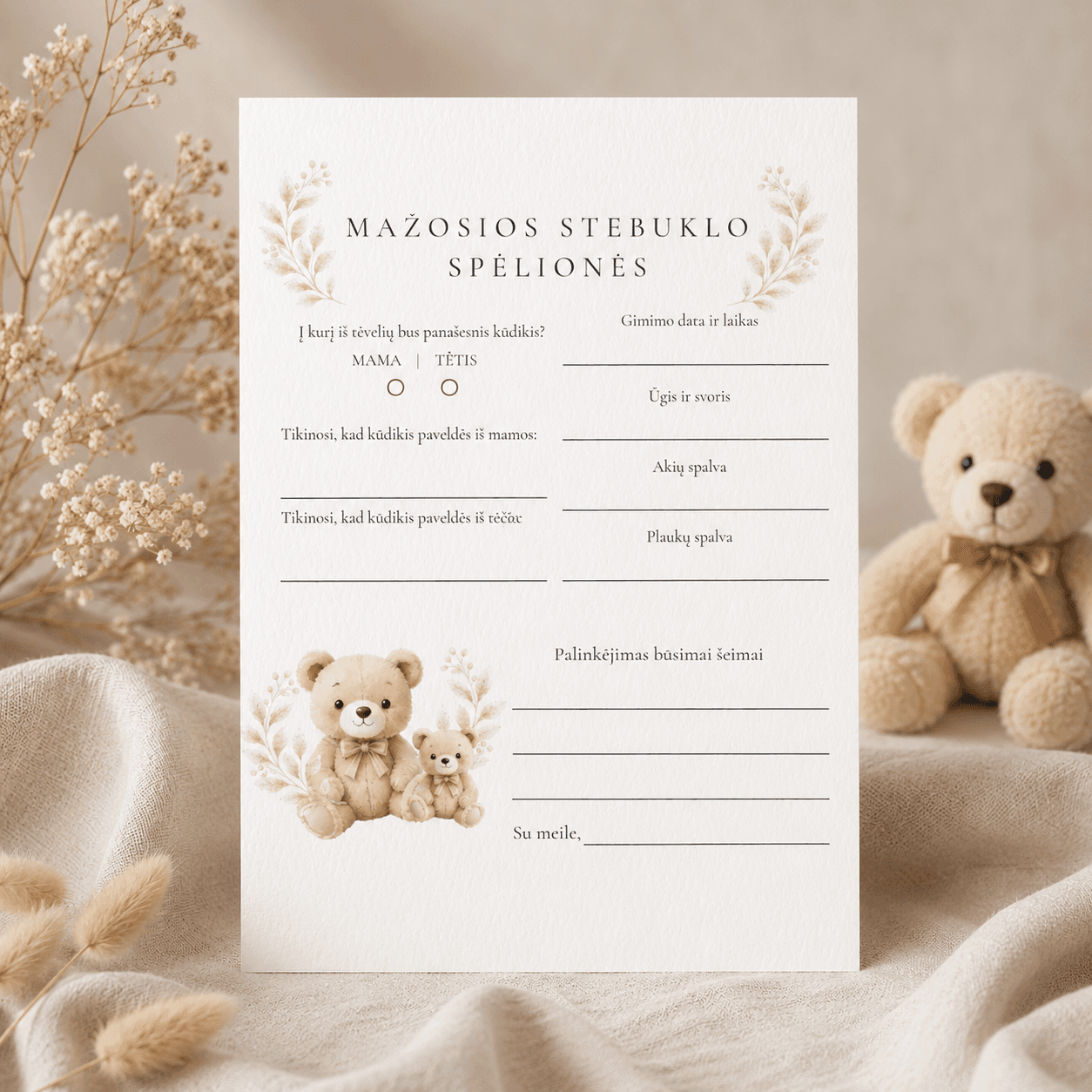 „Mažosios stebuklo spėlionės“ | Baby shower kortelė | Meškučių tema