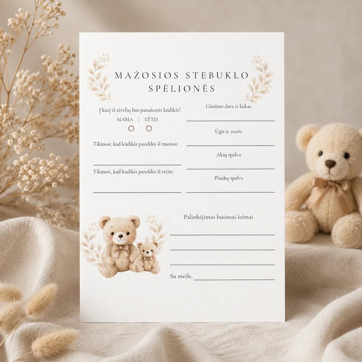 „Mažosios stebuklo spėlionės“ | Baby shower kortelė | Meškučių tema
