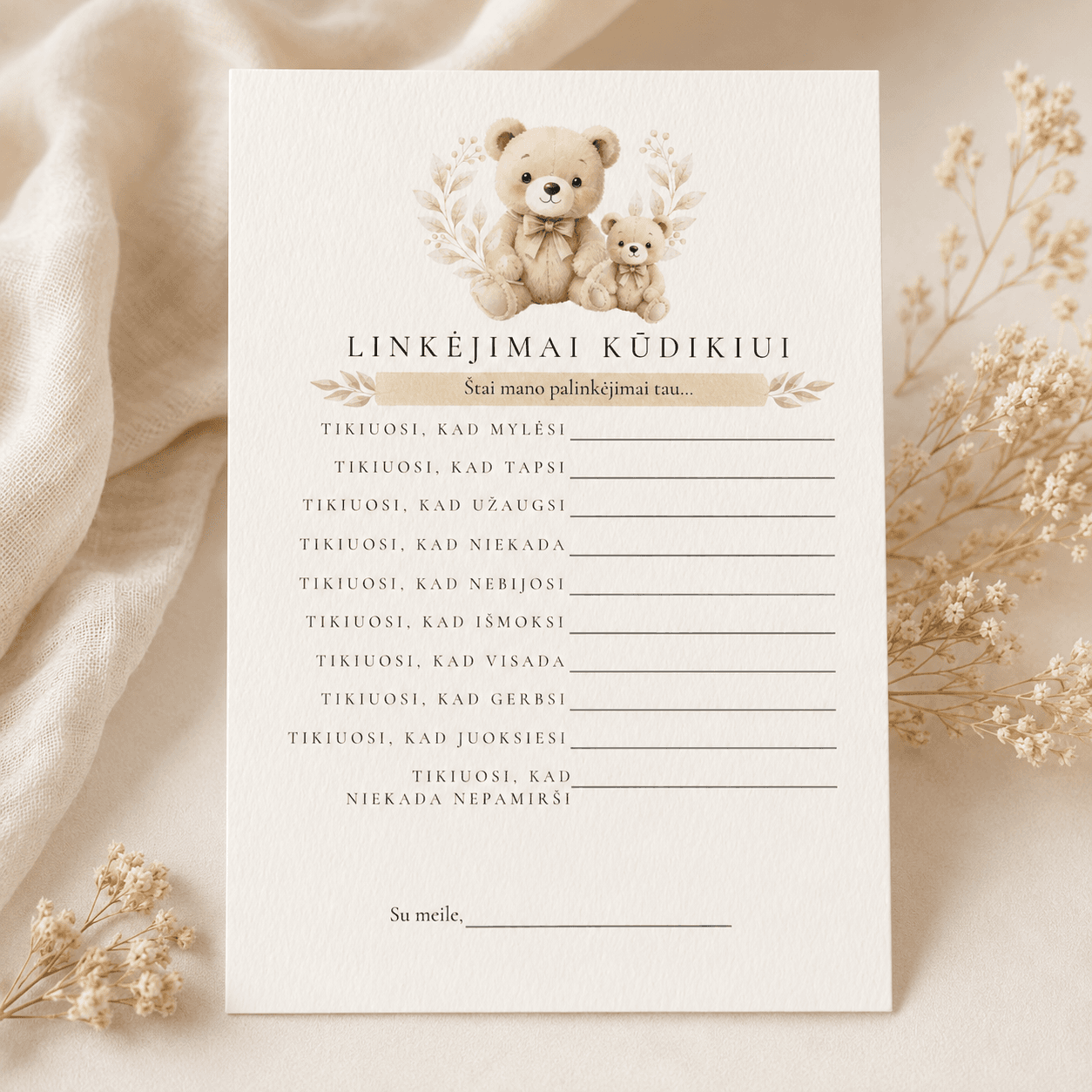 „Linkėjimai kūdikiui“ | Baby shower kortelė | Meškučių tema