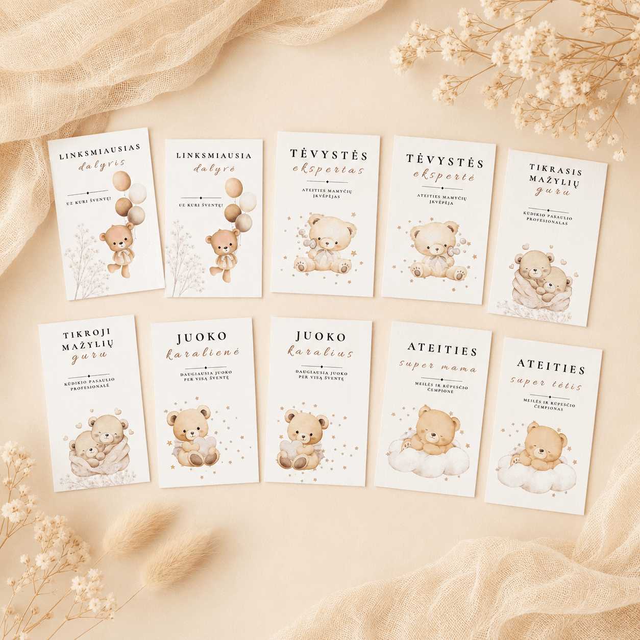 Apdovanojimų kortelės 10 nominacijų | Baby shower kortelė | Meškučių tema