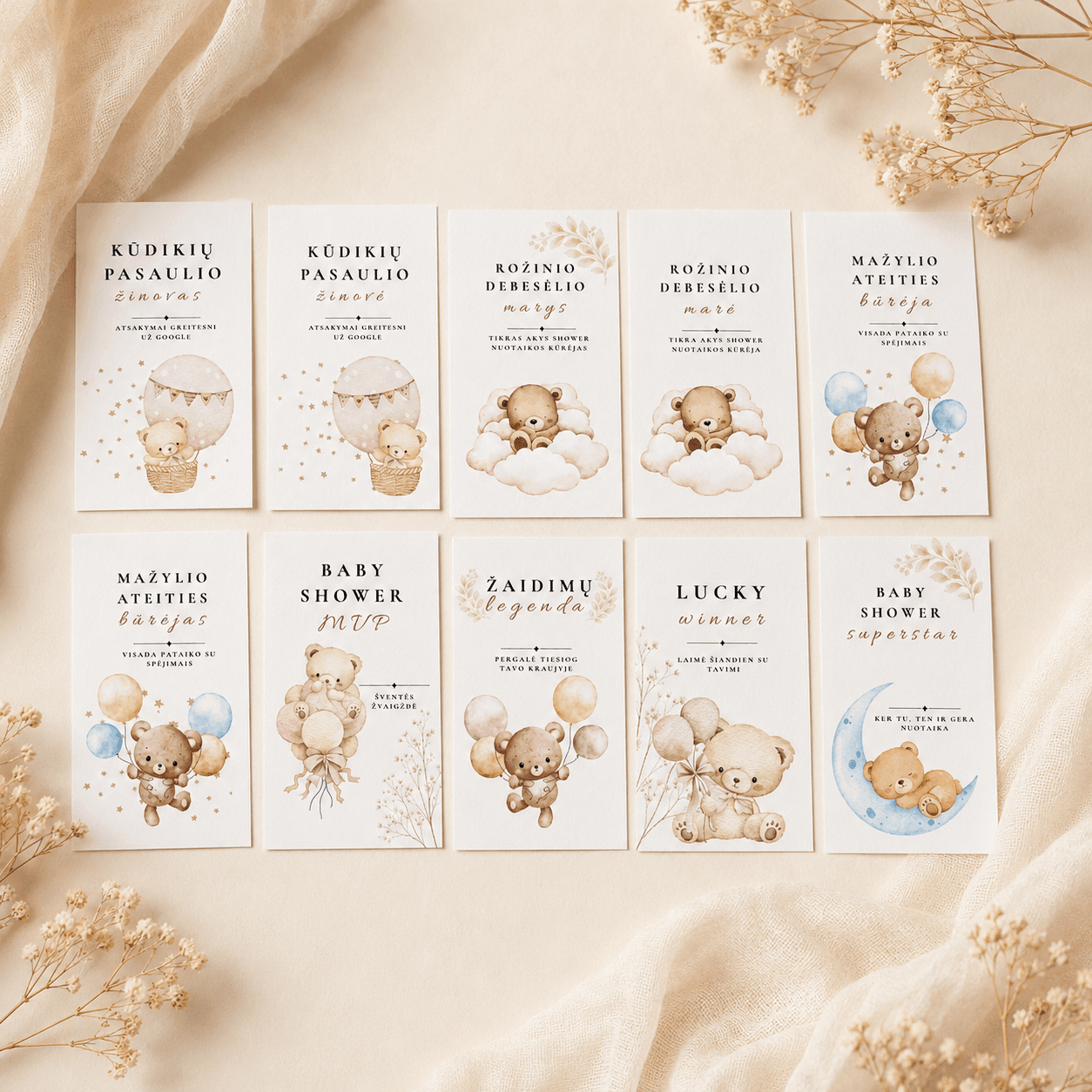 Apdovanojimų kortelės 10 nominacijų | Baby shower kortelė | Meškučių tema