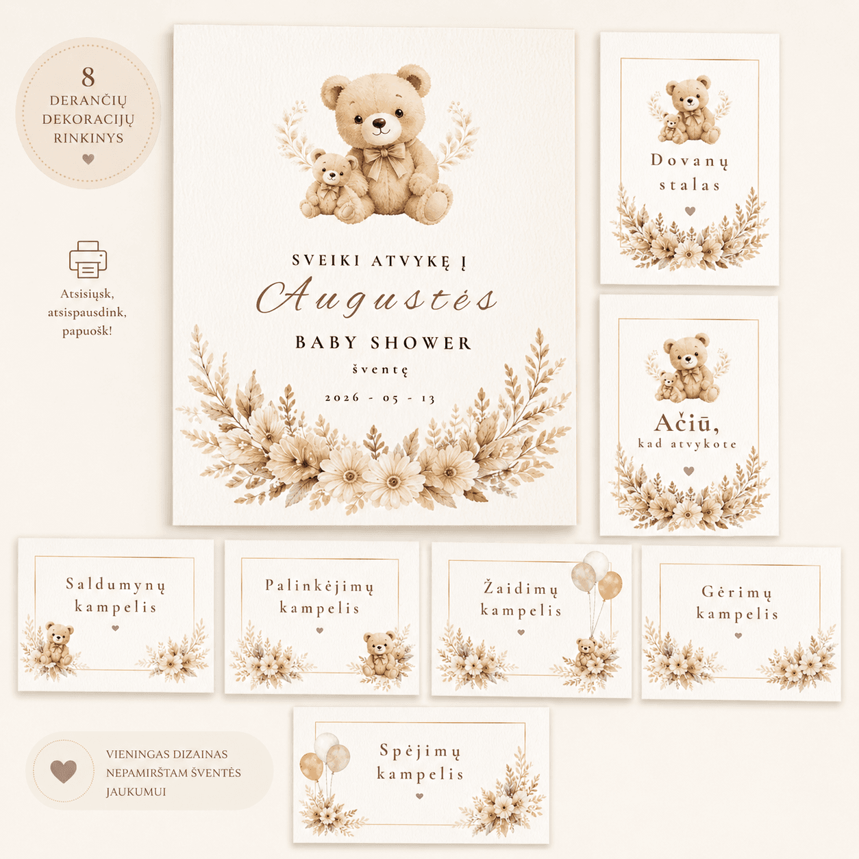 Baby shower dekoracijų rinkinys | Meškučių tema | 8 dekoracijos šventei