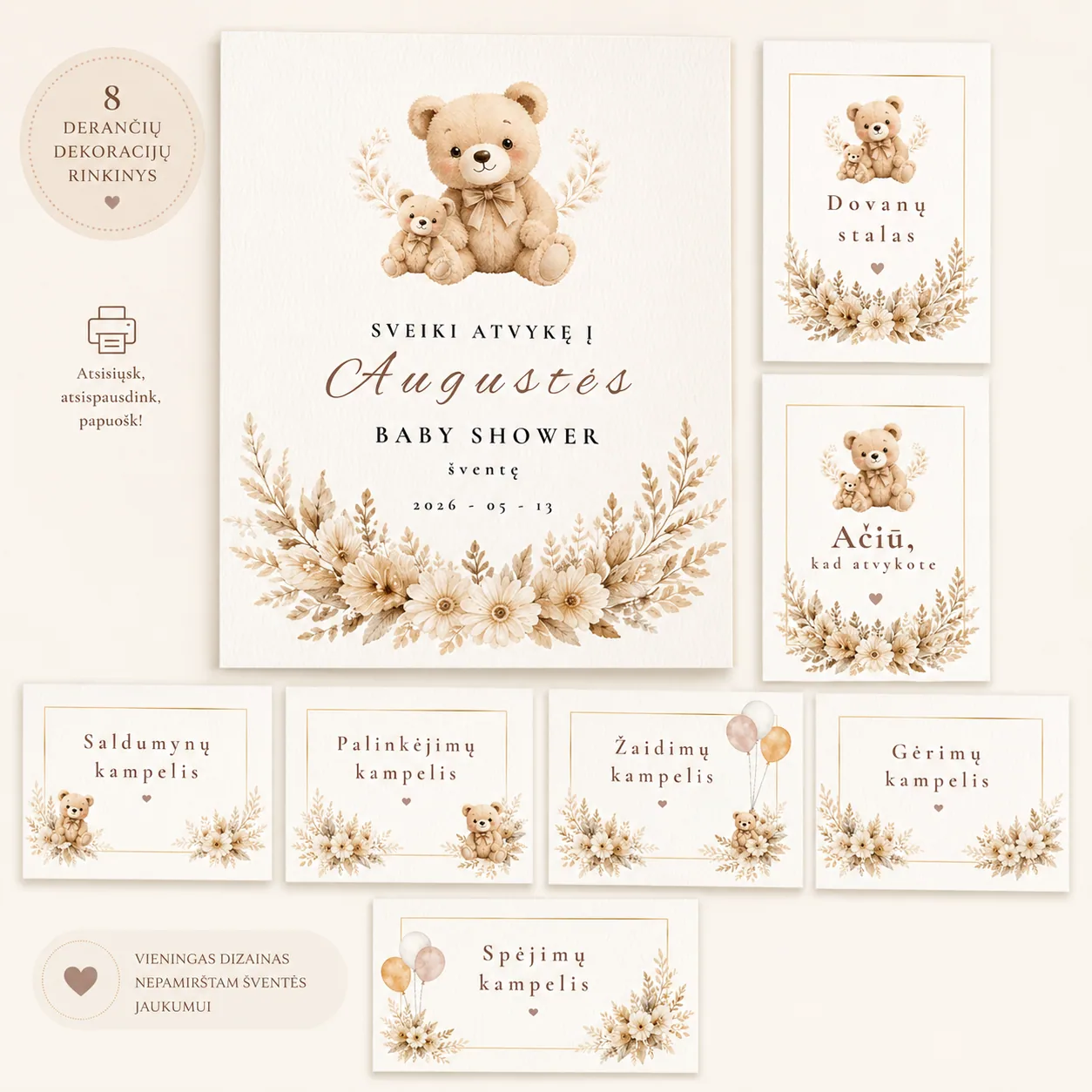 Baby shower dekoracijų rinkinys | Meškučių tema | 8 dekoracijos šventei