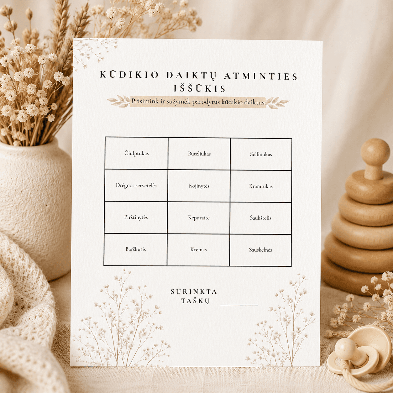 „Kūdikio daiktų atminties iššūkis“ Baby shower žaidimas | Meškučių tema