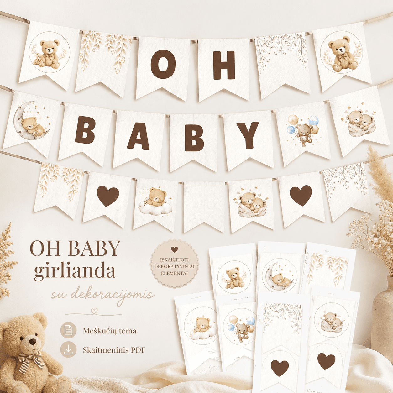 Baby Shower girlianda „OH BABY“ su dekoracijomis | Meškučių tema
