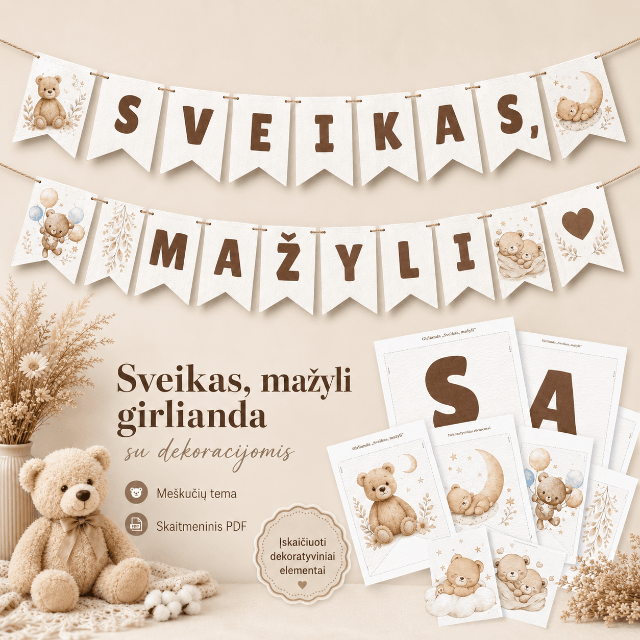 Baby Shower girlianda „SVEIKAS, MAŽYLI“ su dekoracijomis | Meškučių tema