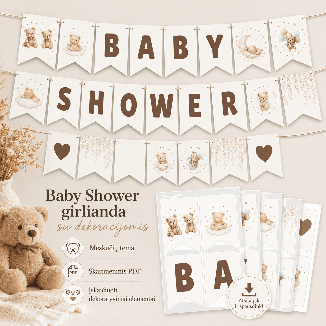 Baby Shower girlianda „BABY SHOWER“ su dekoracijomis | Meškučių tema