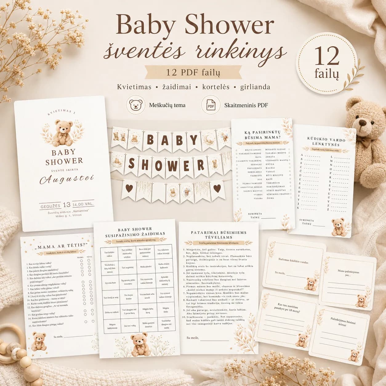 Baby Shower MINI šventės rinkinys „Meškučiai“ | 12 PDF