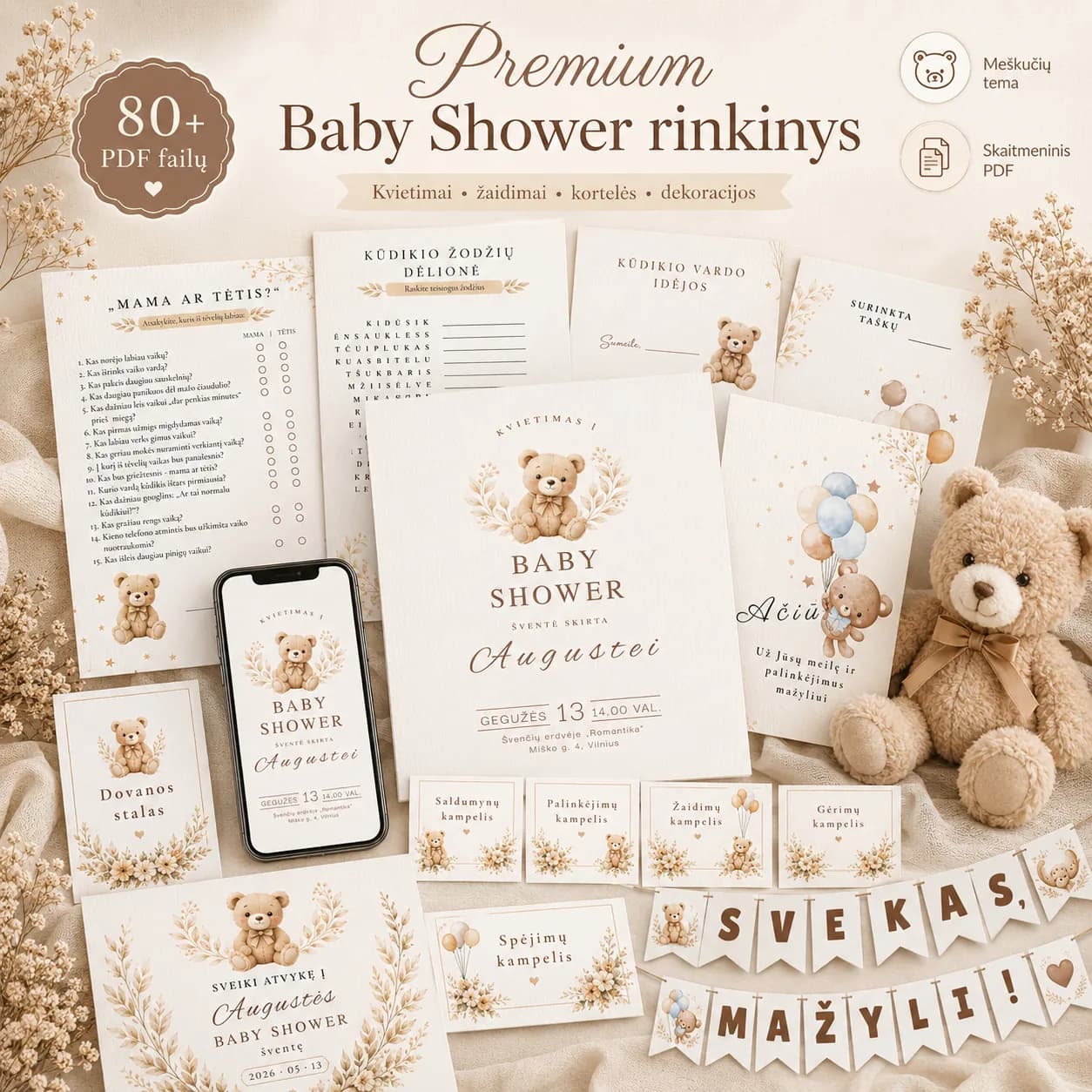 Premium Baby Shower rinkinys „Meškučiai“ | 80+ PDF